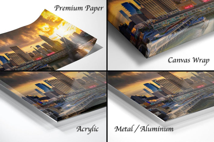 The image is a collage of four different views of a cityscape at sunset, with the city's skyline and buildings illuminated by the warm, golden light of the setting sun.