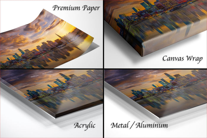 San Francisco sunset skyline print, Port of San Francisco fine art wall decor, Transamerica Pyramid reflection art, California coastal skyline photograph, Bay Area waterfront cityscape, modern skyline photo for living room, historical San Francisco art print, golden hour city reflection canvas