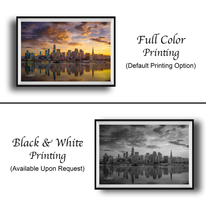 The image is a collage of two framed cityscape photographs. The top photograph is a full-color print of a city skyline at sunset, while the bottom photograph is a black and white print of the same city skyline. Both prints are framed and available upon request.