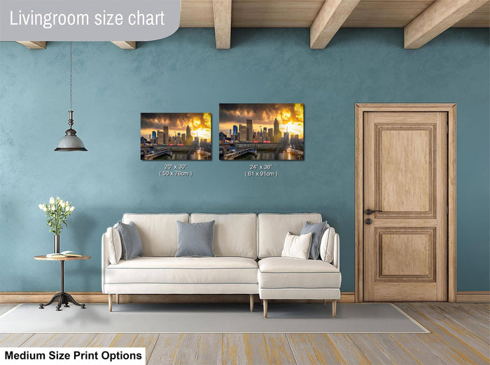 a living room with a white sofa, a wooden door, and a painting of a city skyline on the wall.