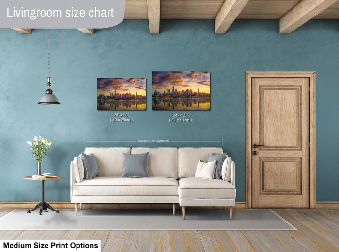 San Francisco sunset skyline print, Port of San Francisco fine art wall decor, Transamerica Pyramid reflection art, California coastal skyline photograph, Bay Area waterfront cityscape, modern skyline photo for living room, historical San Francisco art print, golden hour city reflection canvas
