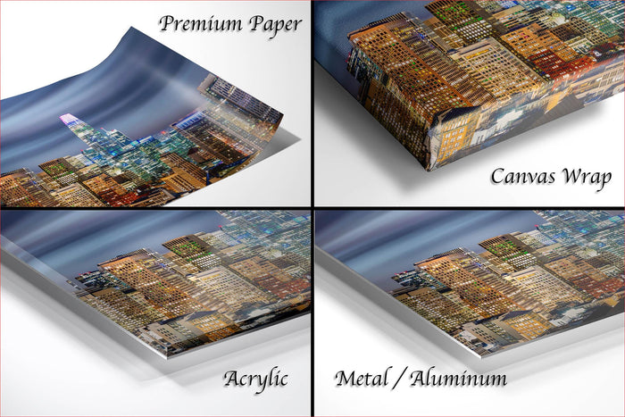 The image is a collage of four different cityscape photographs, each with a distinct style and medium. The photographs are labeled as "Premium Paper", "Canvas Wrap", "Acrylic", and "Metal/Aluminum".