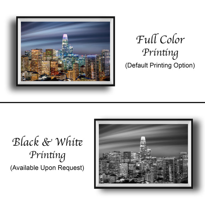 The image is a collage of two framed cityscape photographs. The top photograph is a full-color print of a city skyline at night, while the bottom photograph is a black and white print of the same city skyline. Both images feature the same cityscape, but with different color tones and printing styles.