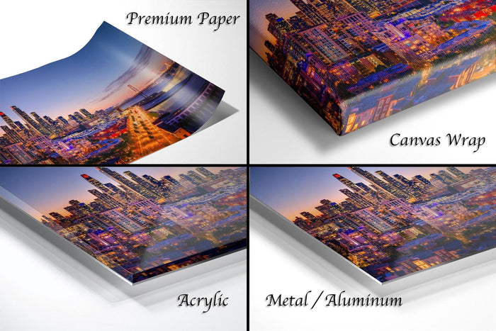 The image is a collage of four different views of a cityscape at night, showcasing the city's skyline and lights.