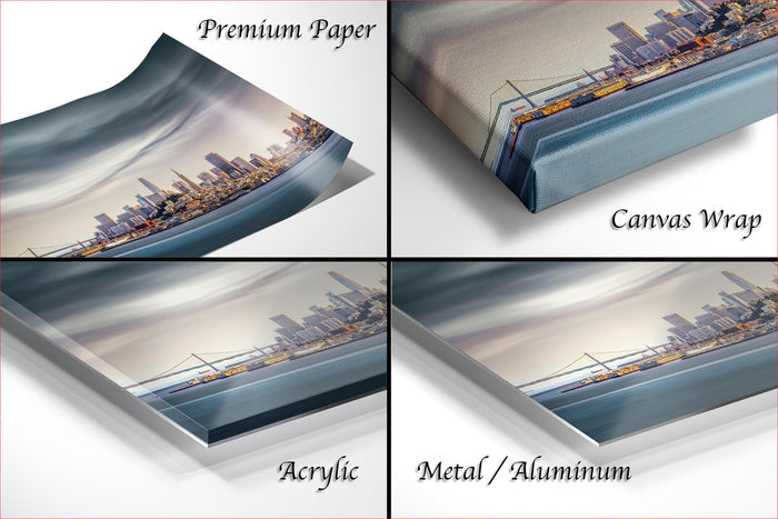 The image is a collage of four different views of a cityscape, including a premium paper, a canvas wrap, an acrylic, and a metal/aluminum.