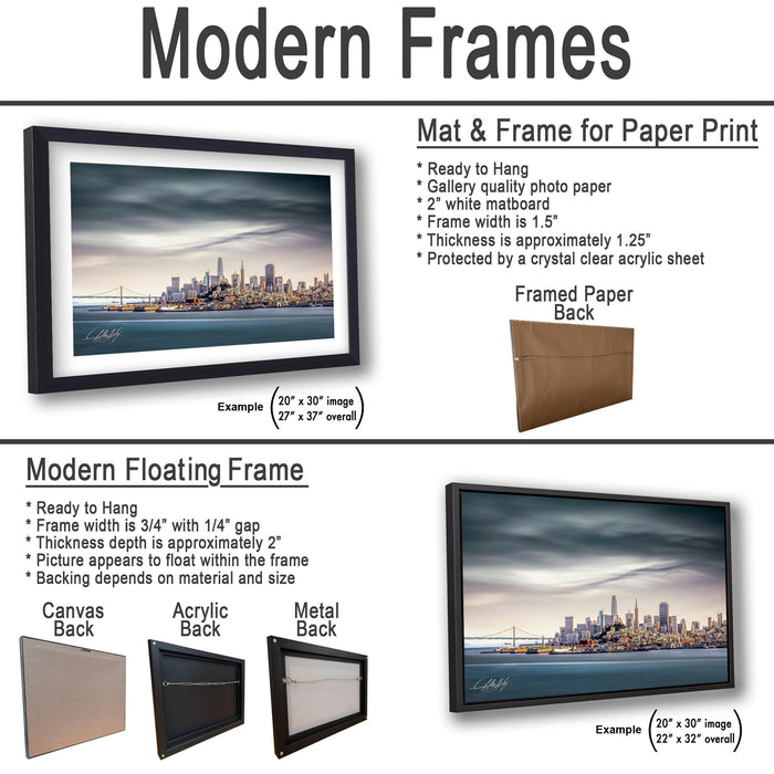 The image is a collage of various framed artworks, including a mat and frame for a paper print, a modern floating frame, and a framed paper back. The artworks showcase different frame styles and materials, such as gallery quality photo paper, white matboard, and crystal clear acrylic sheet. The collage provides examples of how these frames can be used to display artwork, highlighting their versatility and adaptability to different materials and sizes.