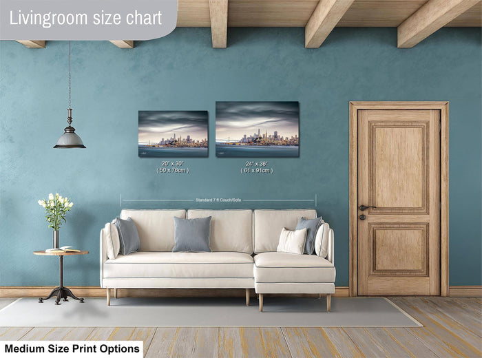 a living room with a white sofa, a wooden door, and a painting of a cityscape on the wall. The living room appears to be modern and well-decorated.