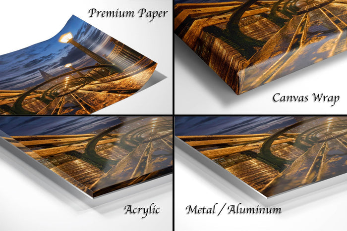 The image is a collage of four different views of a sunset over a bridge, with each view presented in a different medium: premium paper, canvas wrap, acrylic, and metal/aluminum.