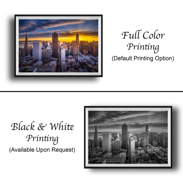 The image is a collage of two framed cityscape photographs. The top photograph is a full color print, while the bottom photograph is a black and white print. Both images depict a city skyline at sunset, with the city's tall buildings silhouetted against the colorful sky. The top photograph is labeled "Full Color Printing" and the bottom photograph is labeled "Black & White Printing" and "Available Upon Request".