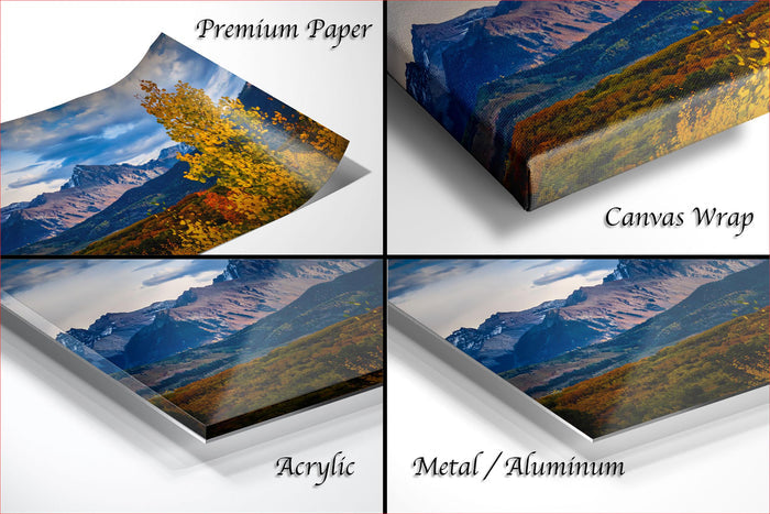 The image is a collage of four different images, each depicting a mountainous landscape. The images are labeled as "Premium Paper", "Canvas Wrap", "Acrylic", and "Metal/Aluminum".