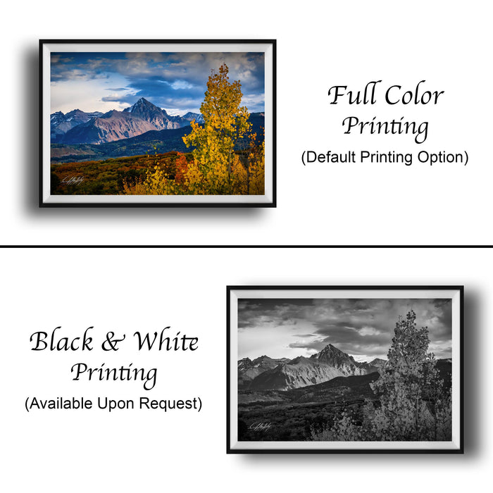 The image is a collage of two framed landscape photographs. The top photograph is a full color print, while the bottom photograph is a black and white print. Both images depict mountainous terrain with trees and a cloudy sky. The top photograph is labeled "Full Color Printing" and the bottom photograph is labeled "Black & White Printing" and "Available Upon Request".