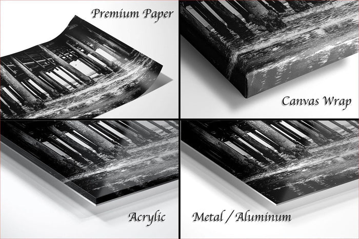 The image is a collage of four different images, each depicting a different type of paper or canvas material. The images include "Premium Paper", "Canvas Wrap", "Acrylic", and "Metal/Aluminum".