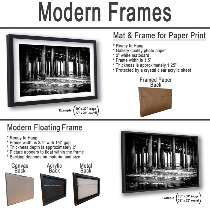 The image is a comparison of two different types of frames for a black and white photograph: a mat and a frame for paper print, and a modern floating frame.
