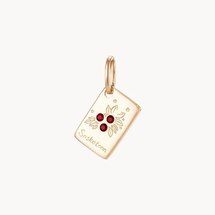 Saskatoon Postcard Charm in 10k yellow gold with ruby