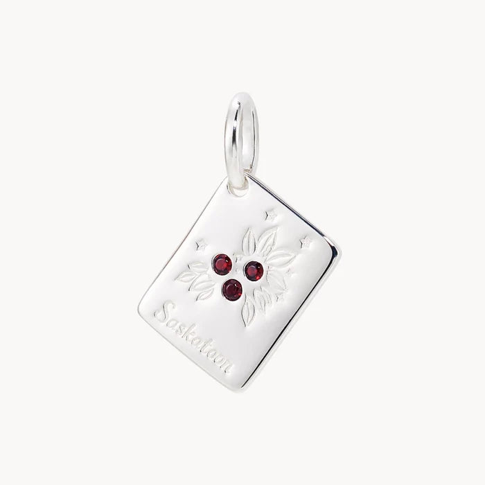 saskatoon postcard charm - sterling silver, garnet