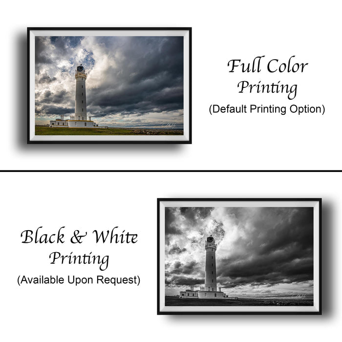 The image is a collage of two framed pictures, one in black and white and the other in full color. The black and white picture depicts a lighthouse, while the full color picture shows the same lighthouse in a more vibrant palette. Both pictures are framed and available upon request.