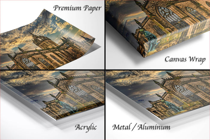 four different views of a printed artwork depicting a castle or cathedral, with the text "Premium Paper", "Canvas Wrap", "Acrylic", and "Metal/Aluminum" indicating the materials used for the print.