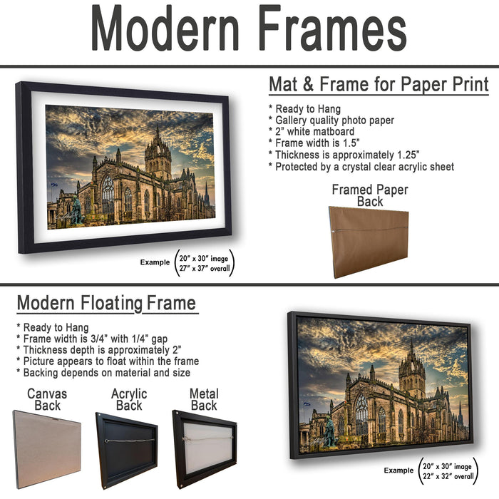 The image is a collage of two framed pictures, one of a cathedral and one of a castle, both featuring a Gothic architectural style. The collage is presented in two different frame types: a modern floating frame and a modern hanging frame.