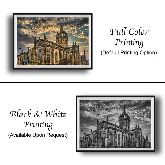 The image is a collage of two framed pictures. The top picture is a full-color print of a cathedral, while the bottom picture is a black and white print of the same cathedral. Both pictures are framed and available upon request.