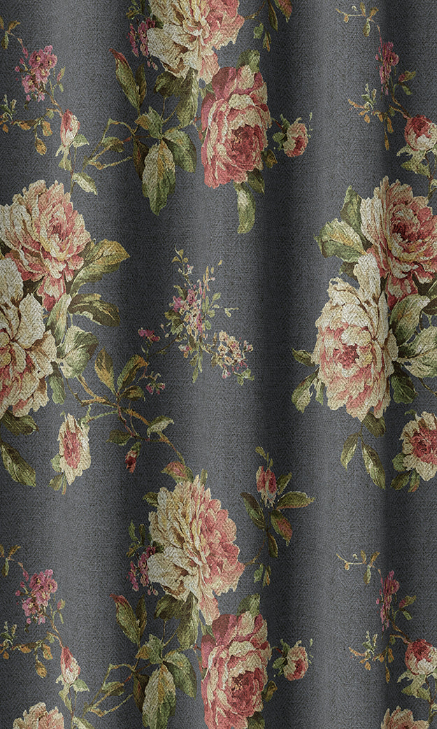 Floral Pinch Pleat, Rod Pocket, Eyelet Curtains (Navy Blue-Grey/ Green/ Pink)