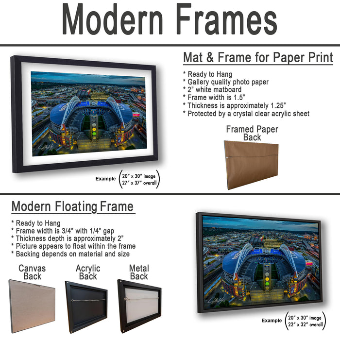 The image is a collage of two framed artworks, one of which is a mat and frame for a paper print, and the other is a modern floating frame.