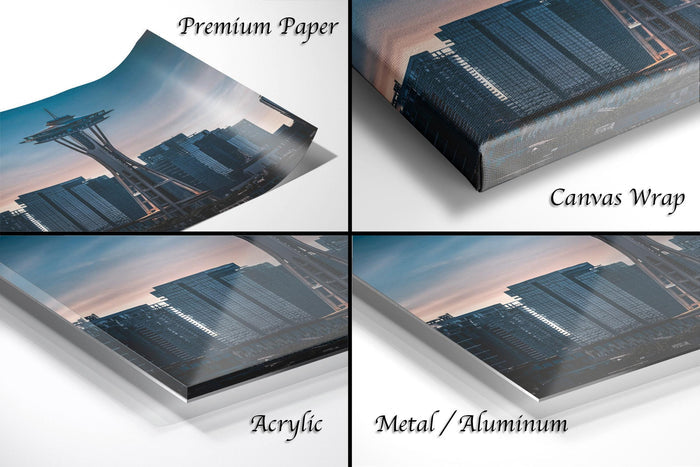 The image is a collage of four different views of a city skyline at sunset, with the cityscape appearing in various materials such as paper, canvas wrap, acrylic, and metal/aluminum.