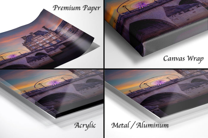 The image is a collage of four photos depicting a bridge at sunset, with each photo labeled as "Premium Paper", "Canvas Wrap", "Acrylic", and "Metal/Aluminum".