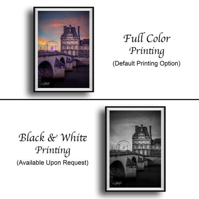 The image is a collage of two framed pictures. The top picture is a full color print of a building with a bridge, while the bottom picture is a black and white print of the same building. Both pictures are framed and available upon request.