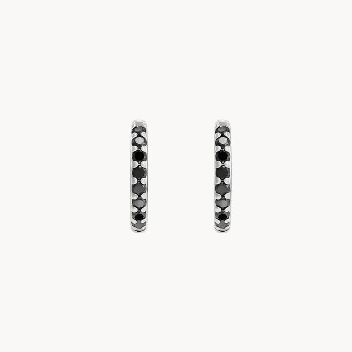 Shine On Black Diamond Huggie Hoops in sterling silver with black diamonds, pair detail view