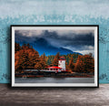 A framed photograph depicting a lighthouse surrounded by a forest with autumn-colored trees, set against a cloudy sky.