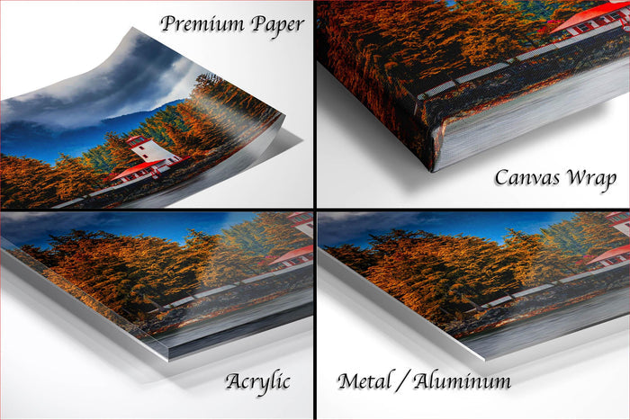 The image is a collage of four different images, each depicting a scenic landscape with a house and trees. The images are labeled as "Premium Paper", "Canvas Wrap", "Acrylic", and "Metal/Aluminum".