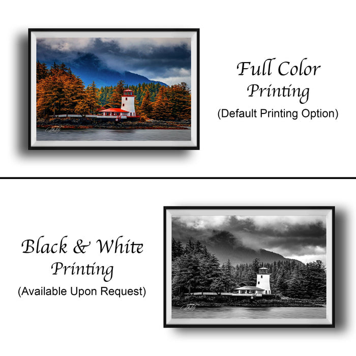 The image is a collage of two framed pictures. The top picture is a full color print of a lighthouse surrounded by trees, while the bottom picture is a black and white print of the same lighthouse. Both pictures are framed and available upon request.