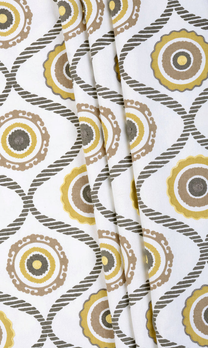 Printed Cotton Pinch Pleat, Rod Pocket, Eyelet Curtains (Ocher Yellow/ Gray/ Brown)