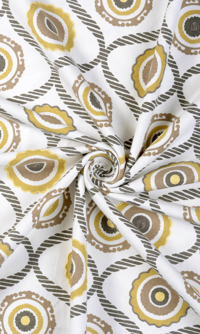 Printed Cotton Drapes (Ocher Yellow/ Gray/ Brown) Extra Long Short Wide