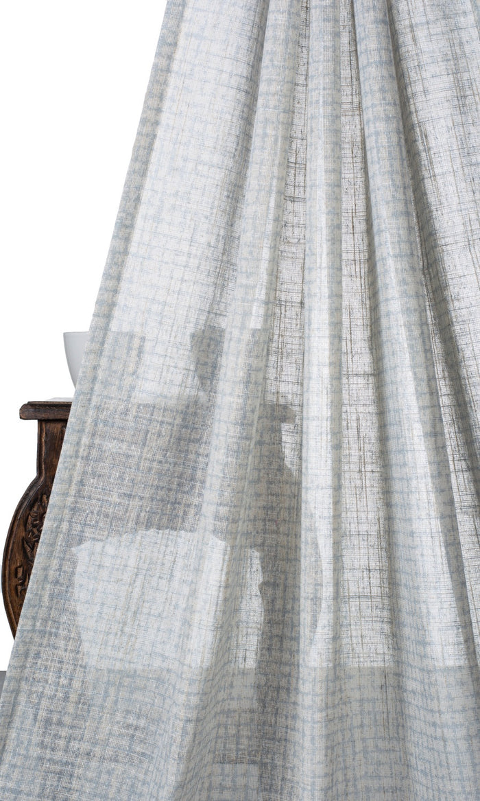 Checked Sheer Home Textile Fabric Material By the Metre (White/ Turquoise Blue)
