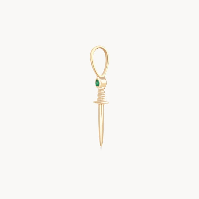 Small Dagger Charm with Emerald in 10k yellow gold, alternate angle detail view