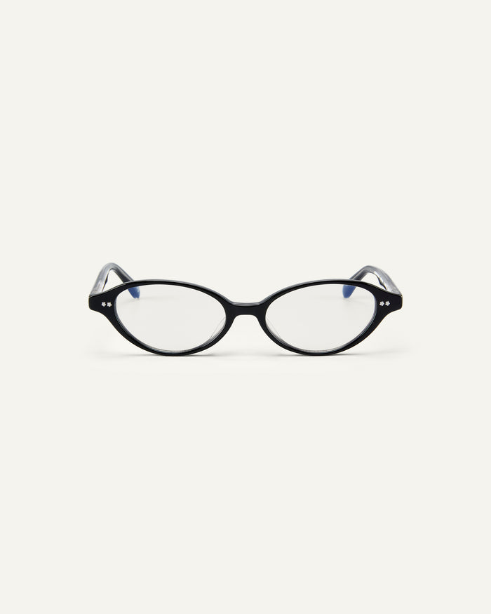 Face shot of Bonnie Clyde Small Talk optical frames in black with clear lenses.