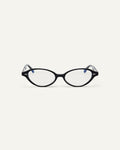 Face shot of Bonnie Clyde Small Talk optical frames in black with clear lenses.