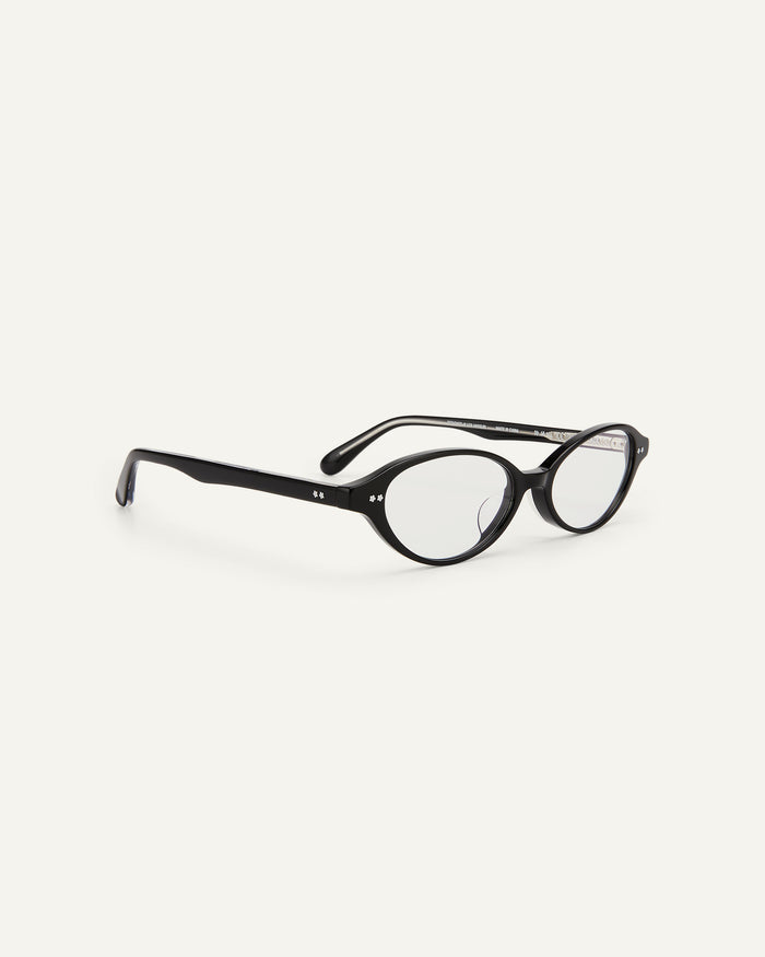 Side shot of Bonnie Clyde Small Talk optical frames in black with clear lenses.