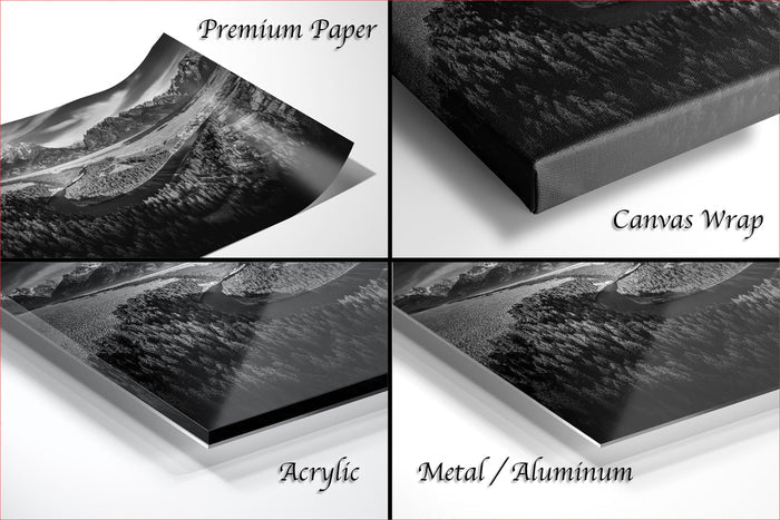 The image is a collage of four different photographs, each depicting a landscape scene. The photographs are labeled as "Premium Paper", "Canvas Wrap", "Acrylic", and "Metal/Aluminum".
