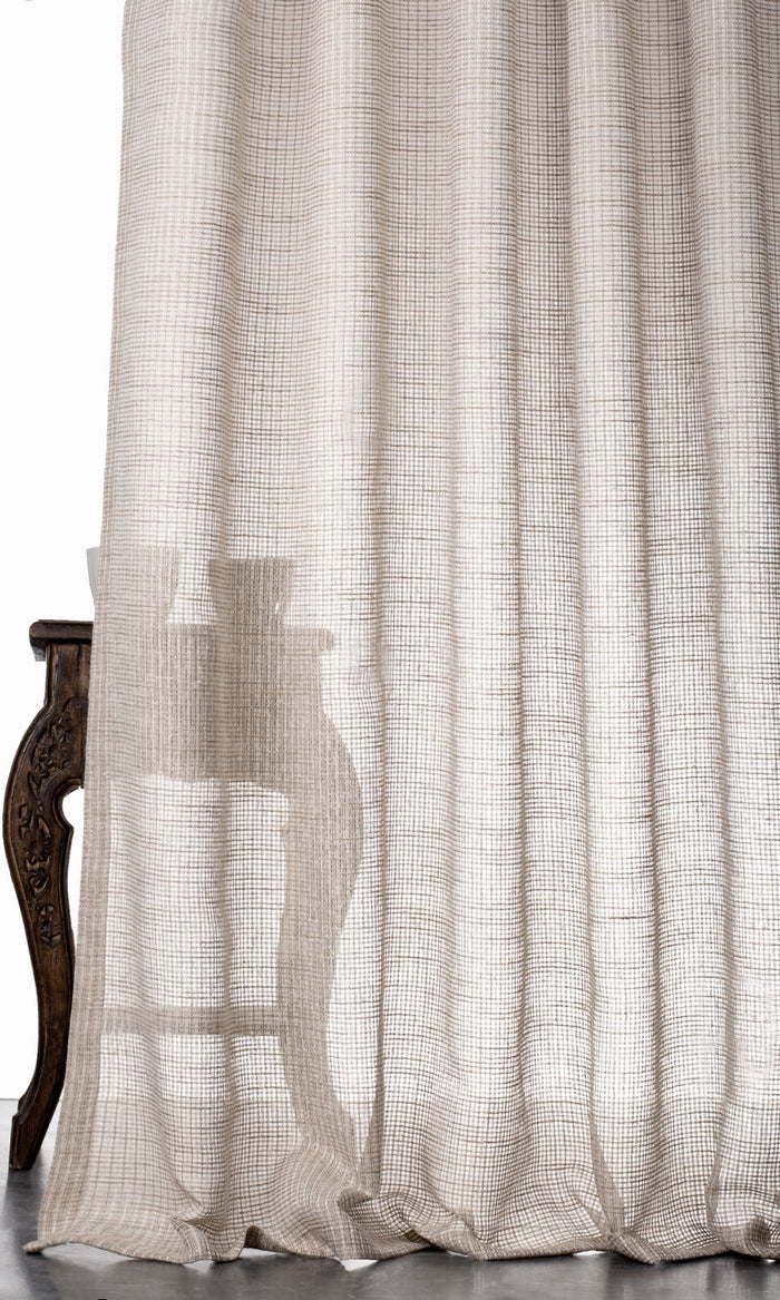 Checkered Sheer Window Treatments Fabric By the Metre (Beige/ Brown)