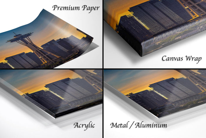 The image is a collage of four different views of a city skyline at sunset, with the cityscape appearing in various materials such as acrylic, metal, and canvas wrap.