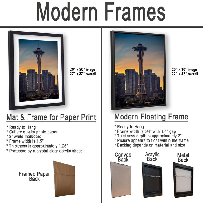 The image is a comparison of modern frames for different types of paper prints, including a mat and a floating frame. The text provides details about the mat and floating frame options, such as their size, material, and backing.
