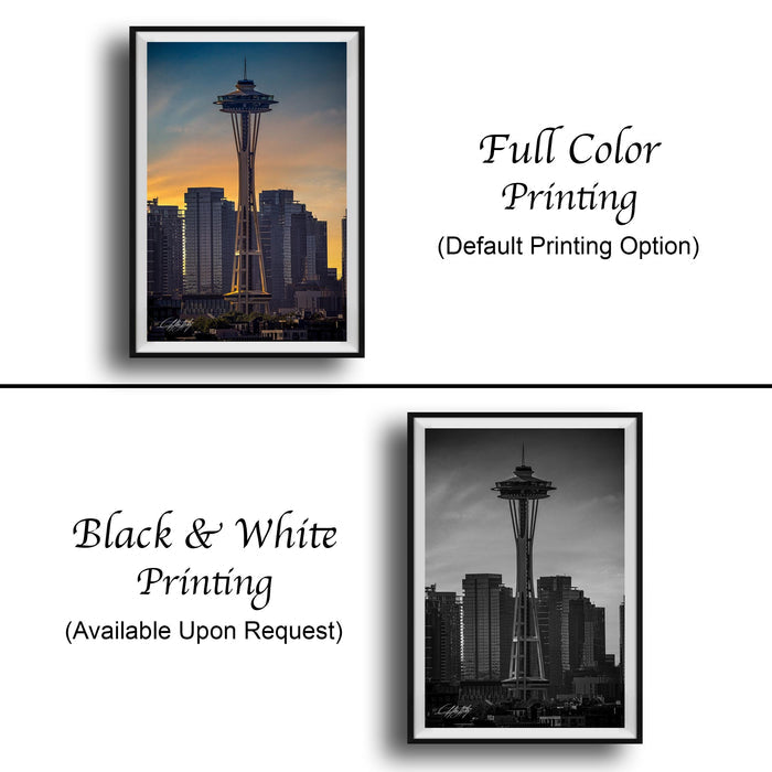 The image is a collage of two framed pictures. The top picture is a full color print of the Space Needle, while the bottom picture is a black and white print of the same landmark. Both pictures are framed and available upon request.