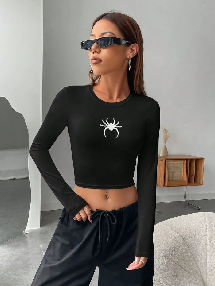 Spider Embroidery Crop Long Sleeve Top