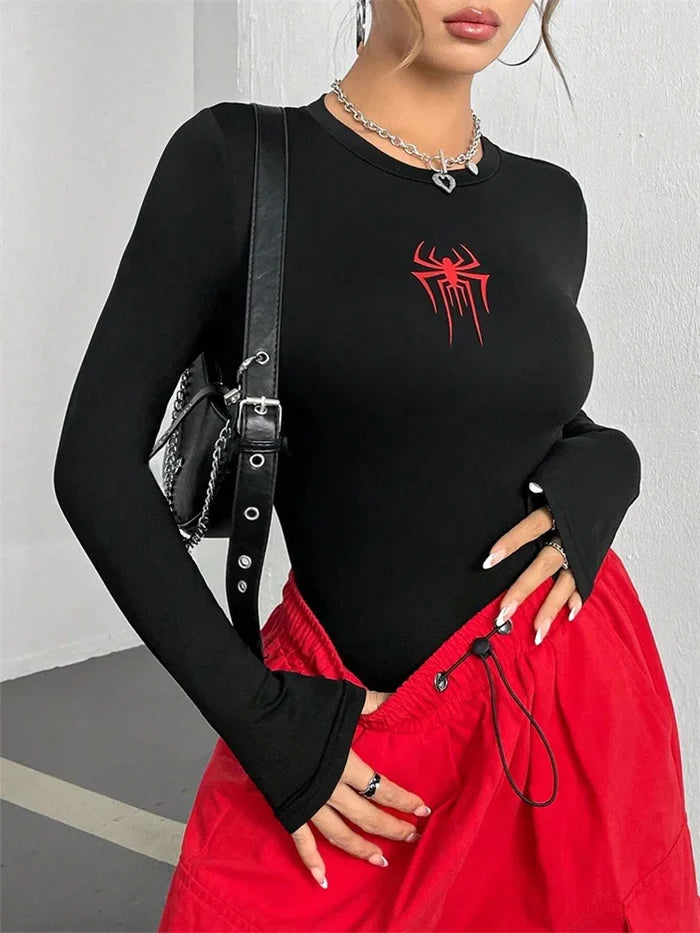 Spider Print Slim Long Sleeve Crop Top | Round Neck Stretch Tee