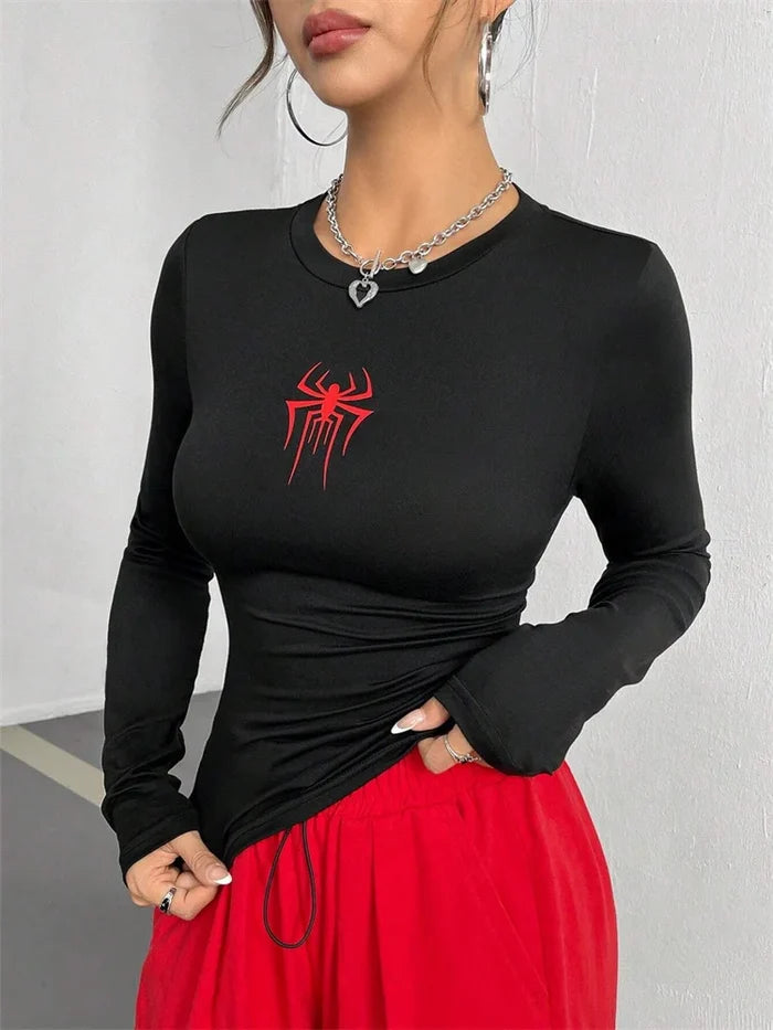 Spider Print Slim Long Sleeve Crop Top | Round Neck Stretch Tee