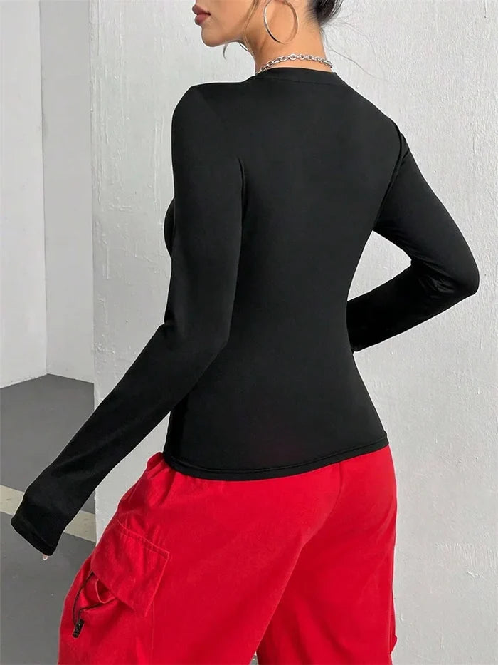 Spider Print Slim Long Sleeve Crop Top | Round Neck Stretch Tee