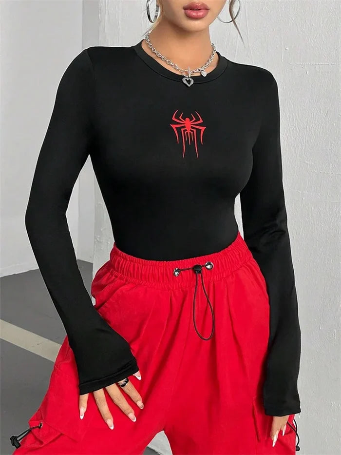 Spider Print Slim Long Sleeve Crop Top | Round Neck Stretch Tee