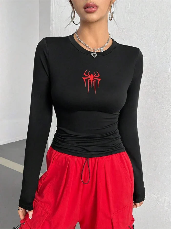 Spider Print Slim Long Sleeve Crop Top | Round Neck Stretch Tee